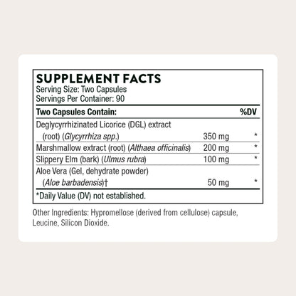 Thorne GI Relief gastrointestinal support supplement nutrition facts label.