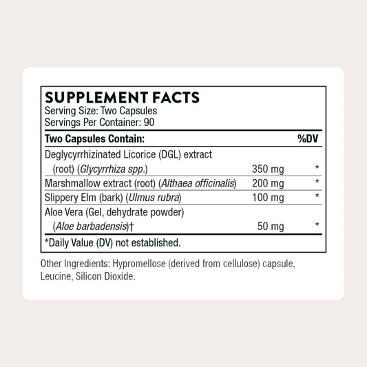 Thorne GI Relief gastrointestinal support supplement nutrition facts label.