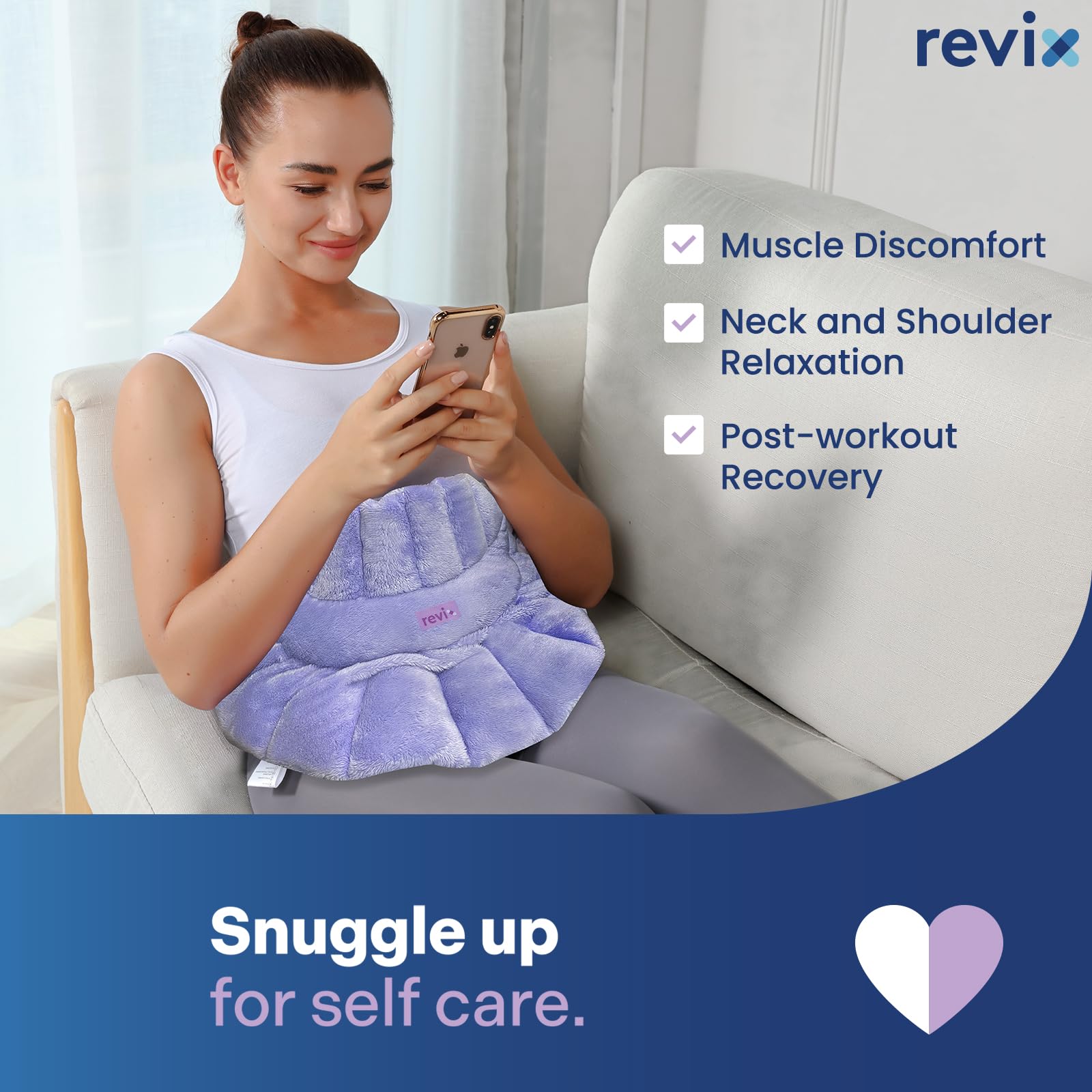 Model wearing Revix microwavable heating pad while working
