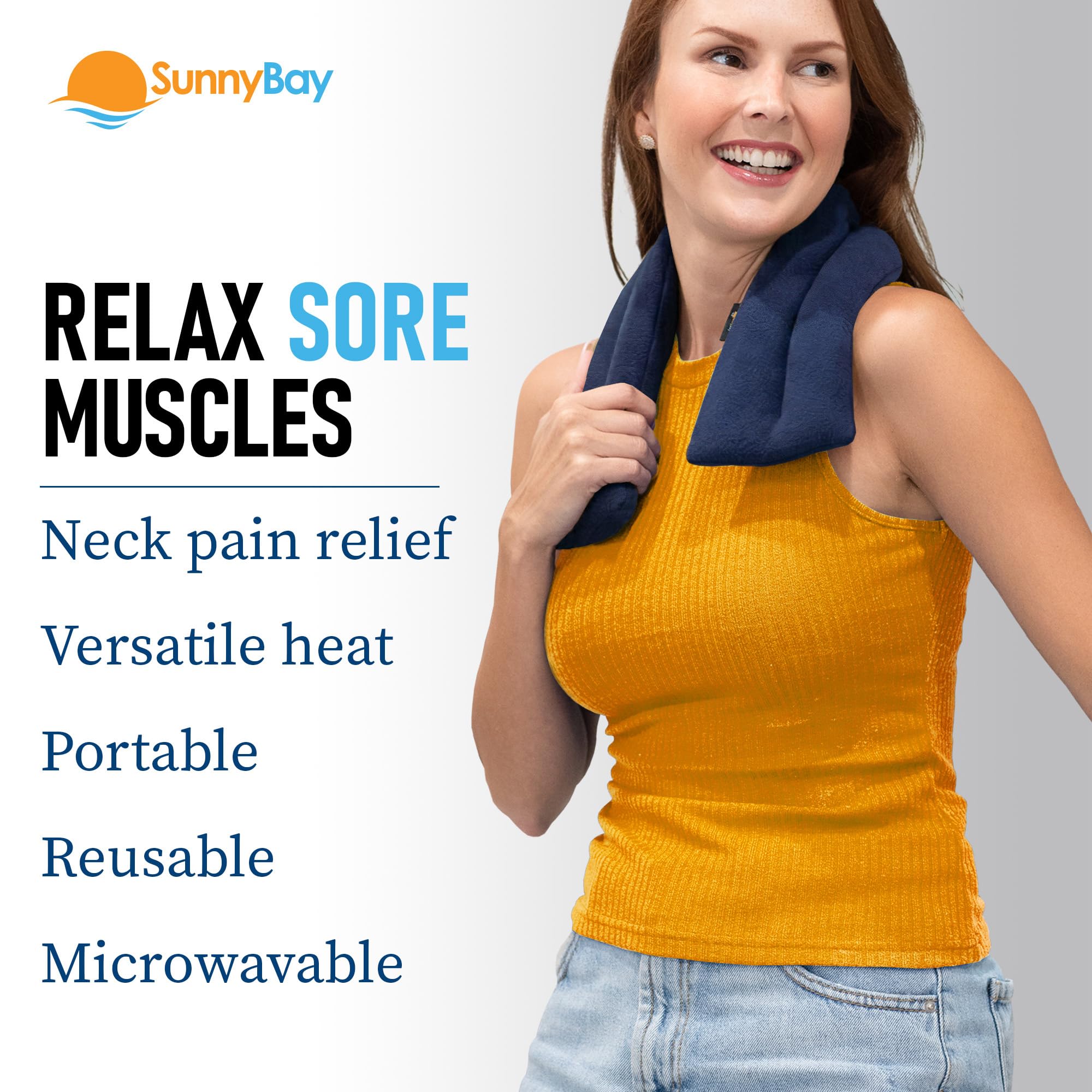Extra long microwavable heating pad draped over shoulders