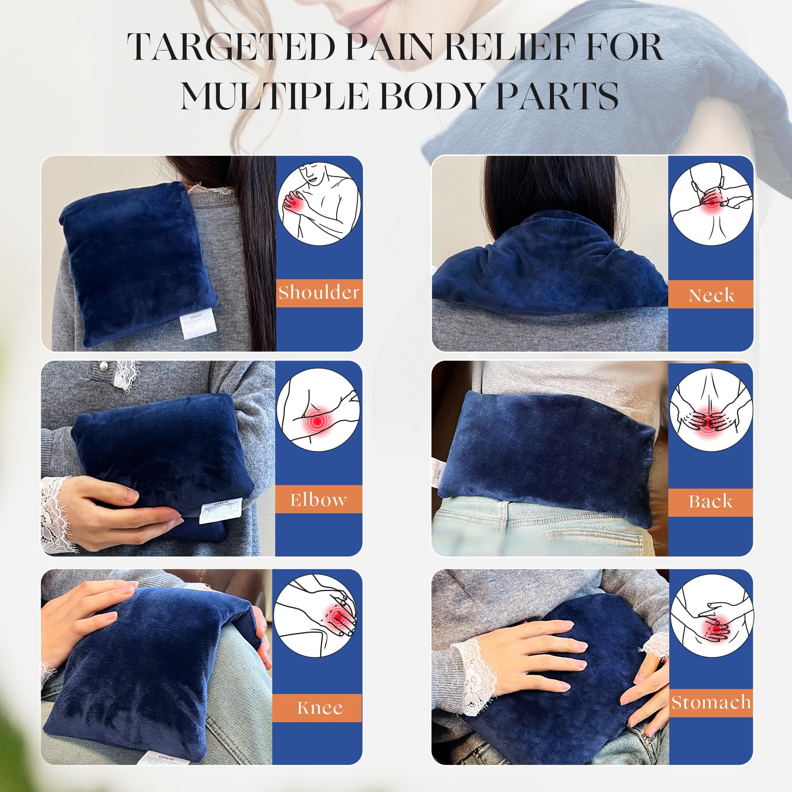 Folded navy blue washable cover of the Uncn heating pad