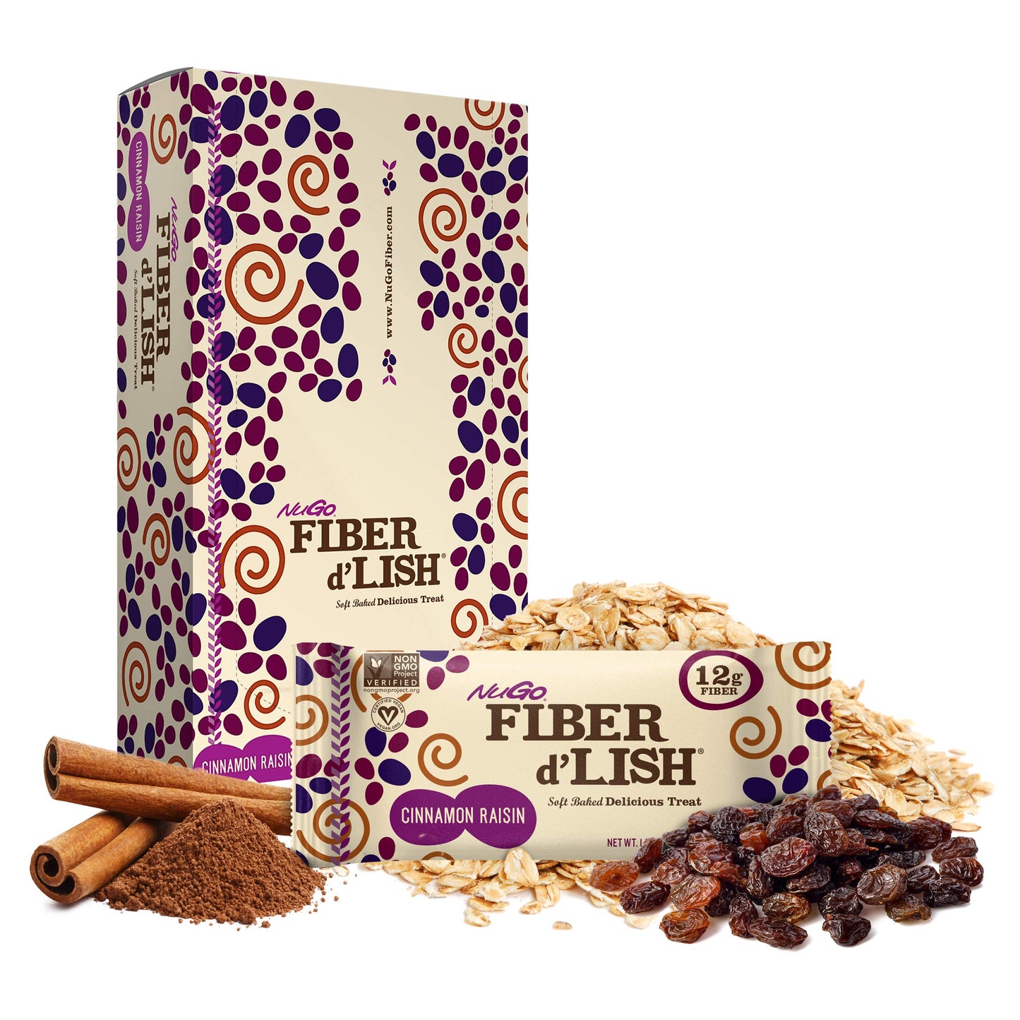NuGo vegan dietary fiber snack bars nutritional information panel.
