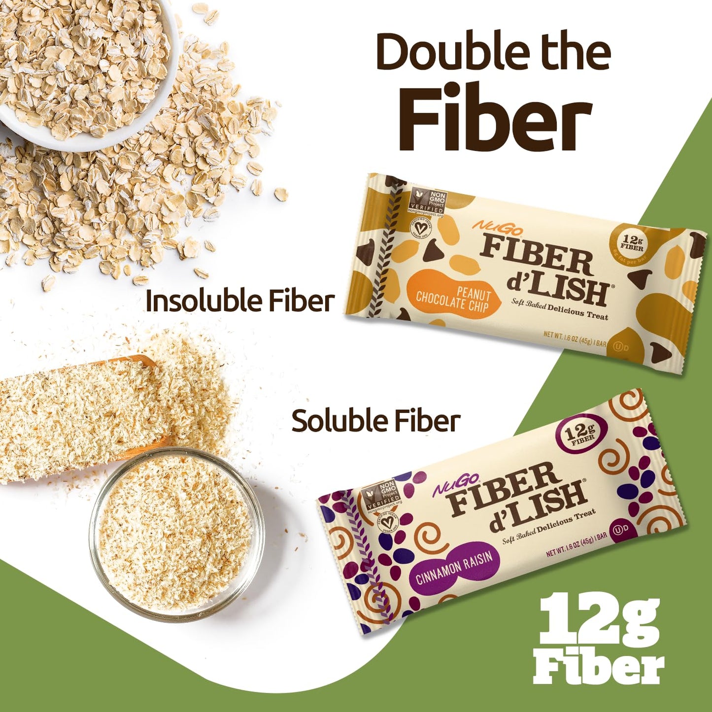 NuGo certified non GMO vegan fiber bars 16 count box side view.