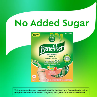 Benefiber strawberry lemonade clear dissolving prebiotic powder packets close up