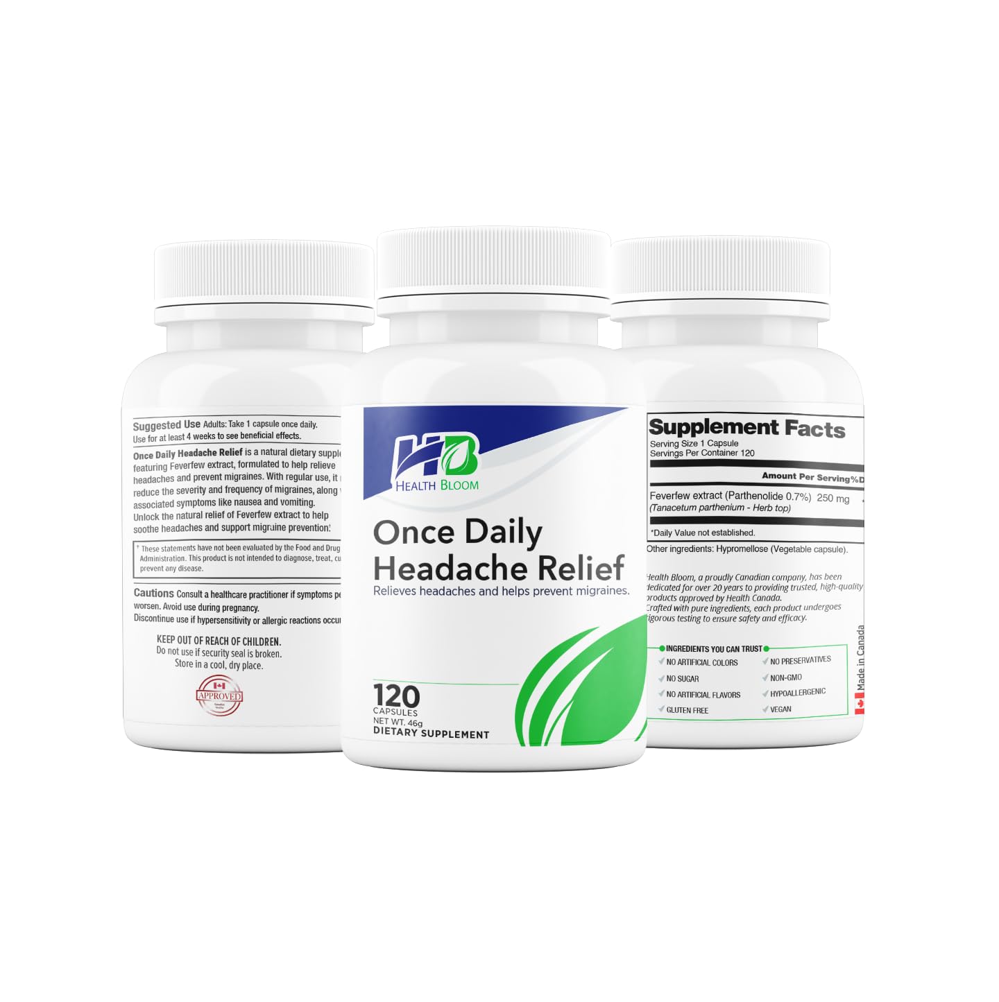 Health Bloom Once Daily Headache Relief supplement packaging label detail