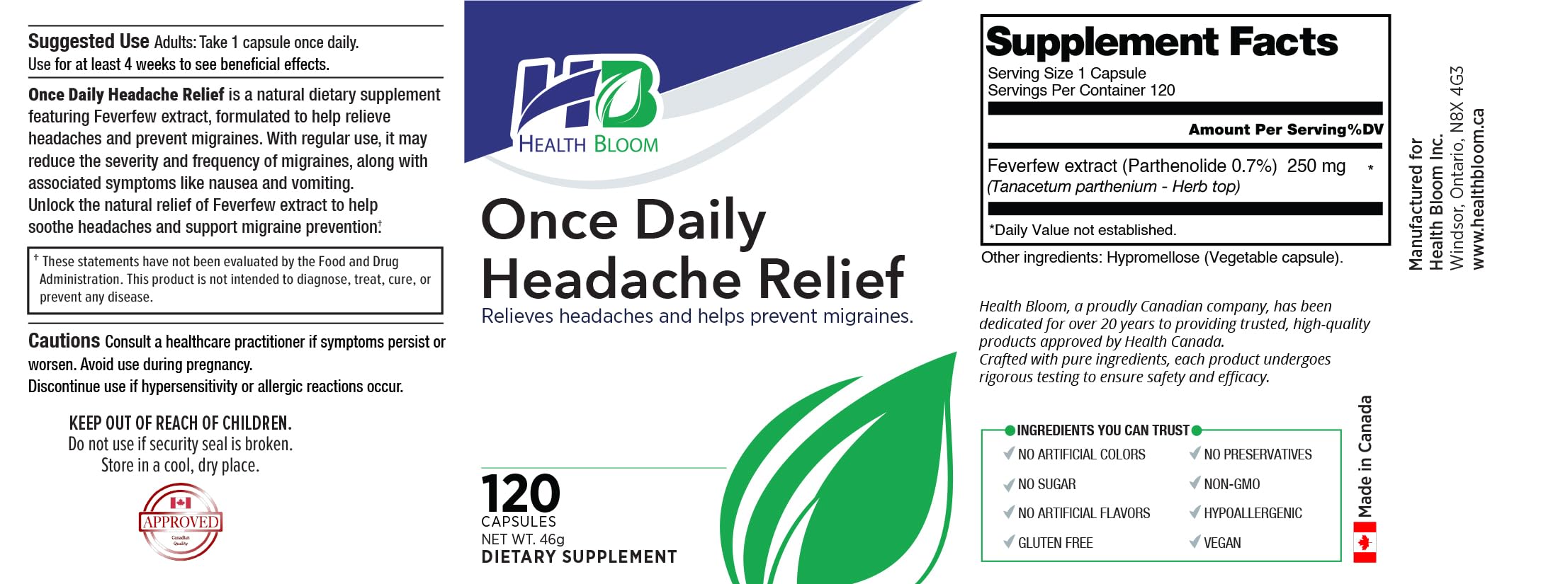 Health Bloom Once Daily Headache Relief dietary supplement bottle lifestyle