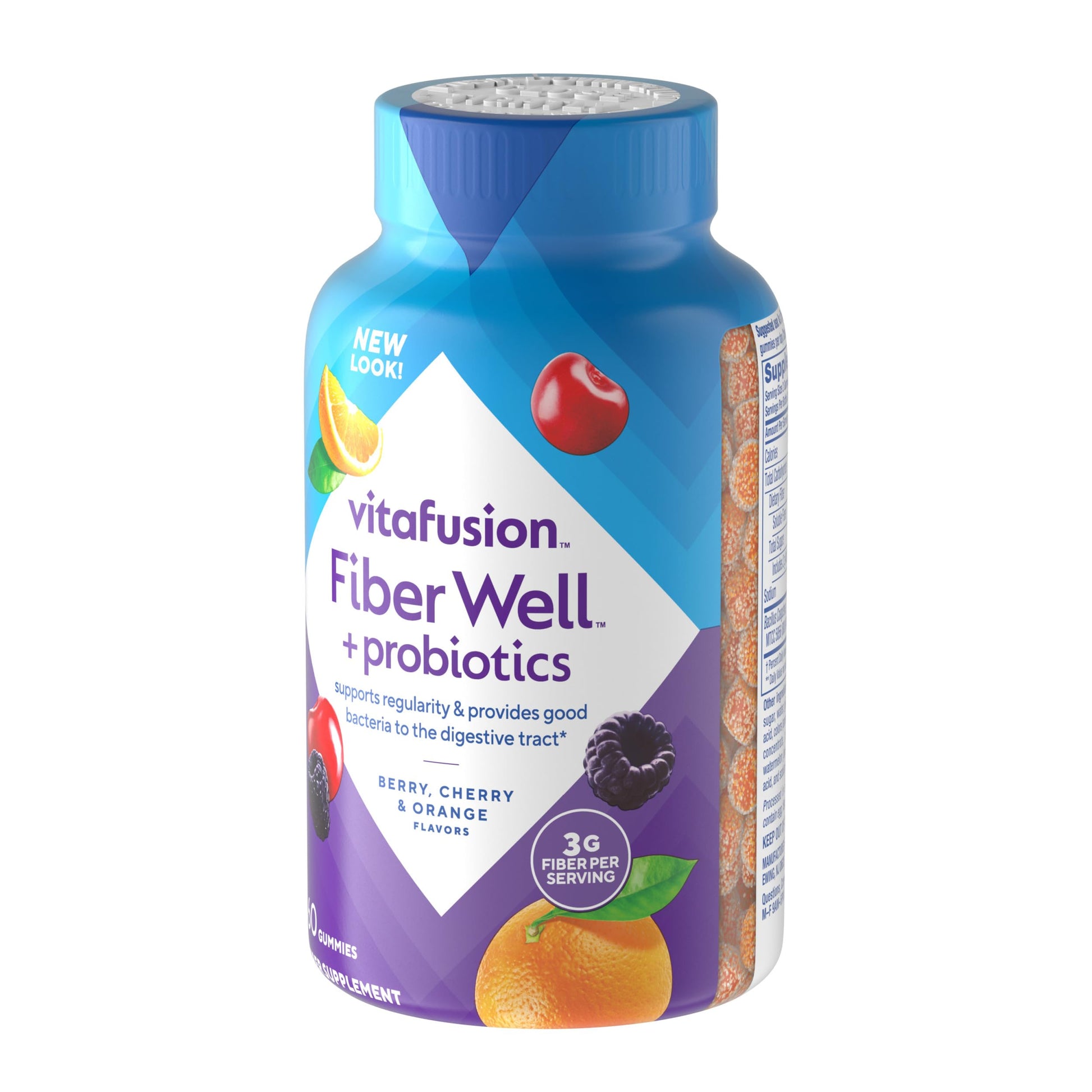 Side view of prebiotic fiber gummy container showcasing product warnings and storage instructions