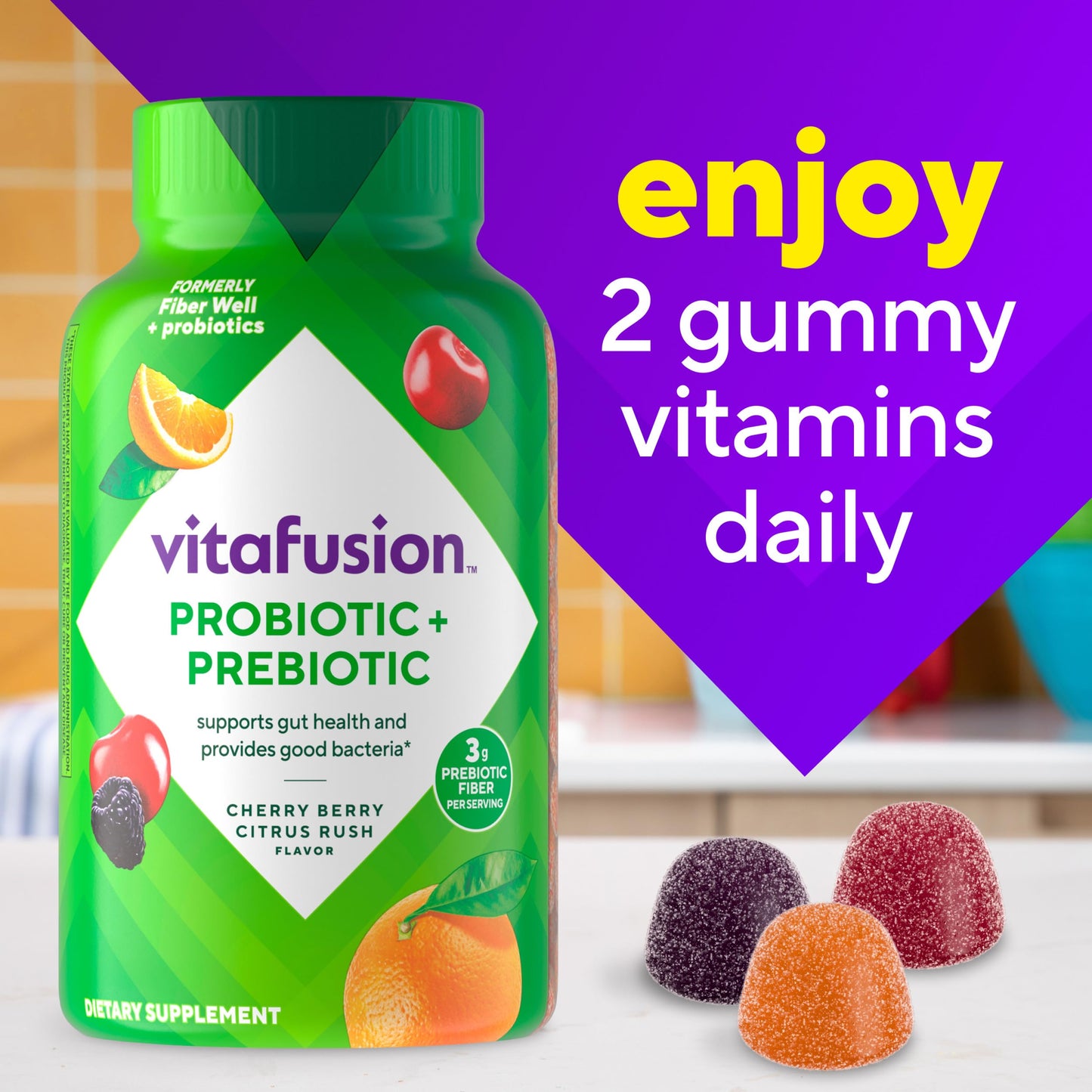 Authentic imported Vitafusion 60 count container showing full directions for use and serving size