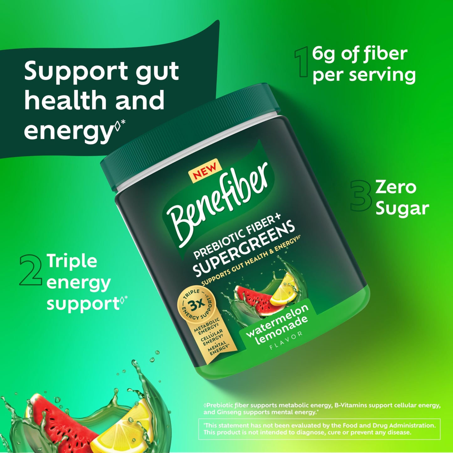 Benefiber digestive wellness powder with ginseng and B vitamins close up