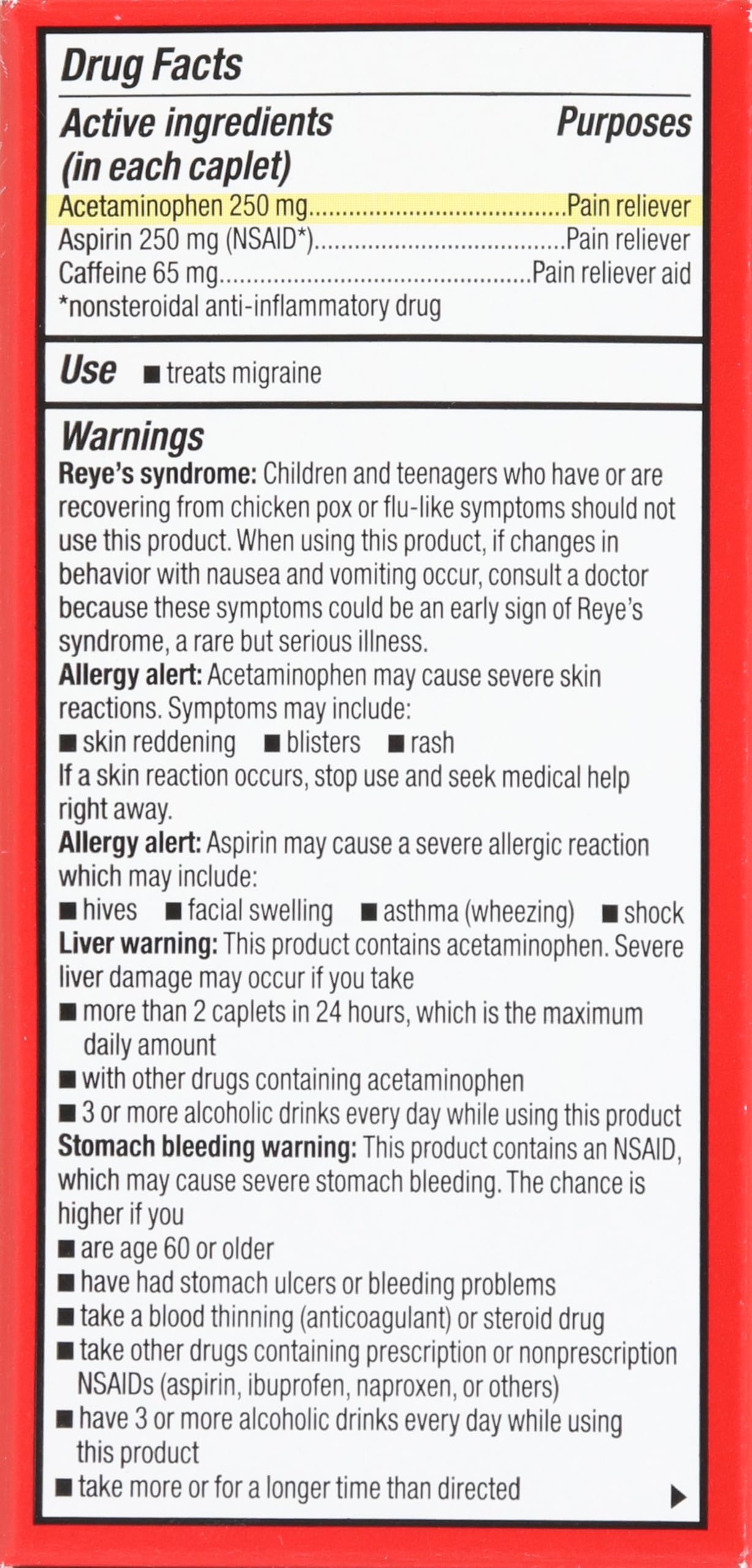 Close up of Rite Aid Migraine Relief caplet packaging