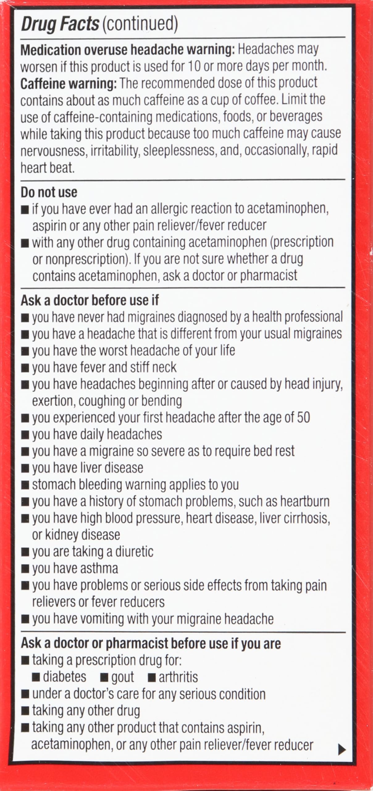 Back of Rite Aid Migraine Relief bottle showing drug facts
