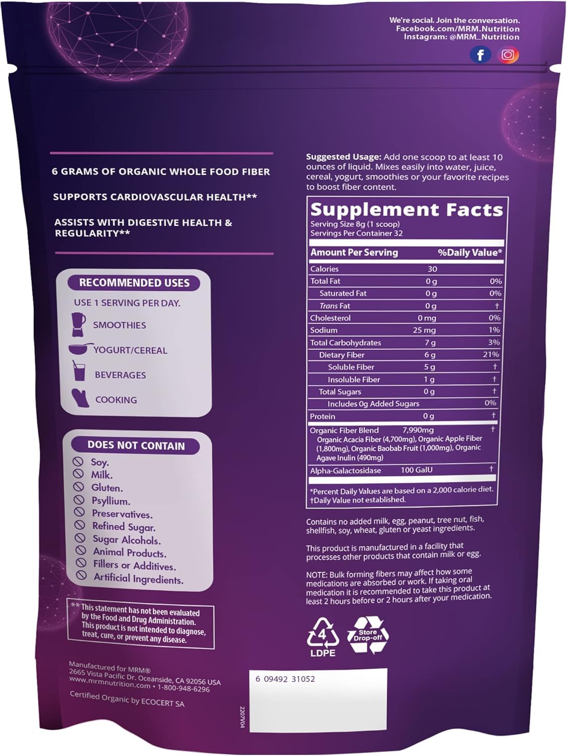 Side view of MRM Nutrition Organic Fiber supplement bag showing the supplement facts and serving size information.