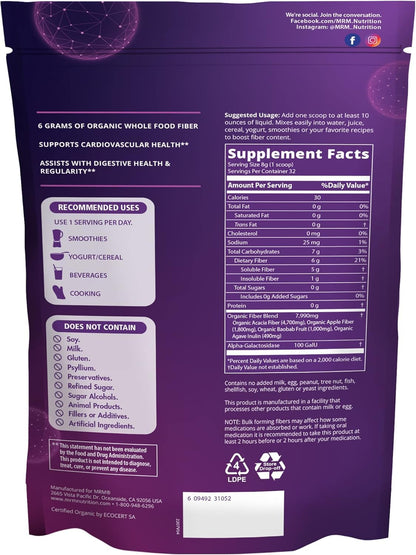 Side view of MRM Nutrition Organic Fiber supplement bag showing the supplement facts and serving size information.