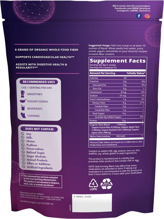 Side view of MRM Nutrition Organic Fiber supplement bag showing the supplement facts and serving size information.