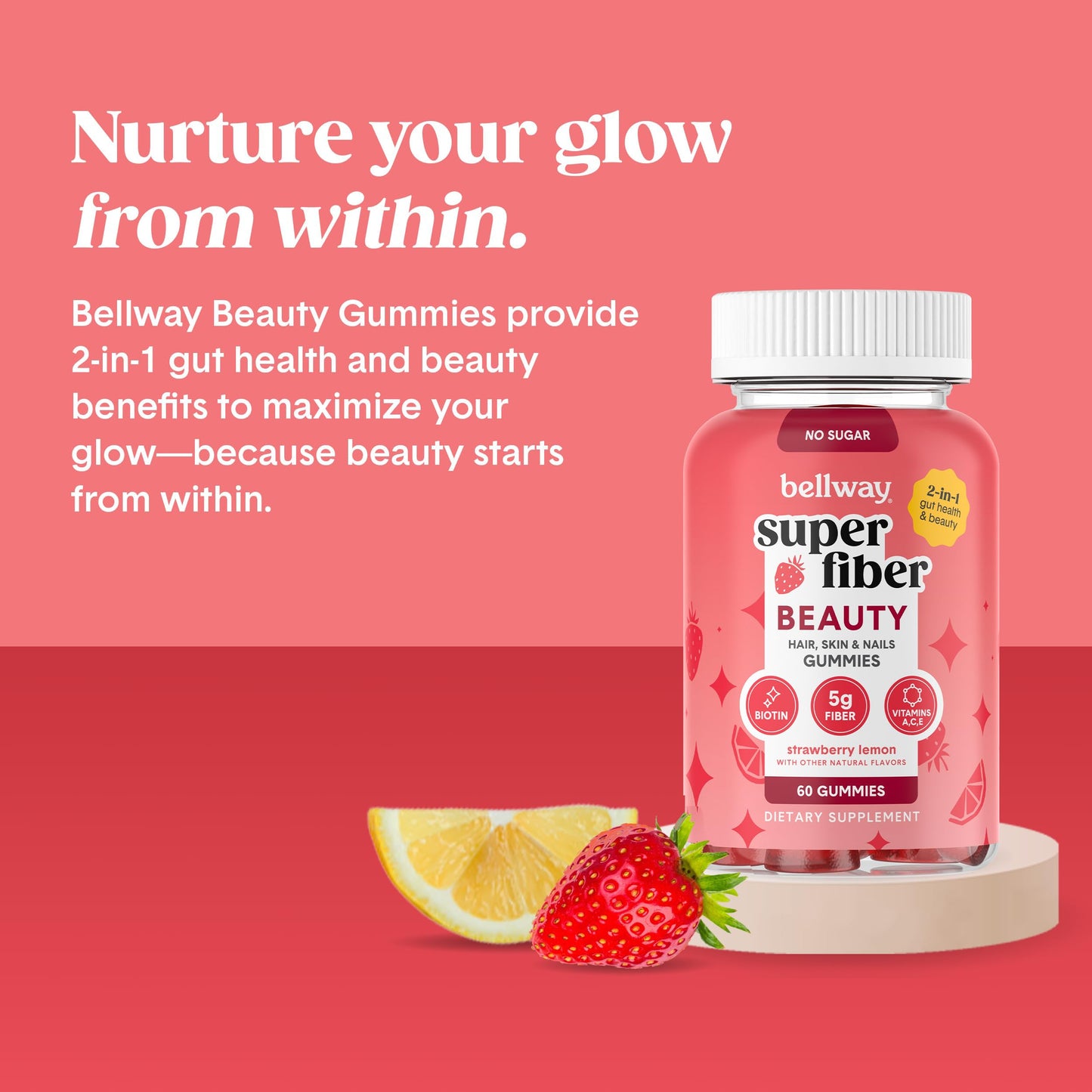Strawberry lemon flavored vegan prebiotic fiber gummies for hair skin and nails.