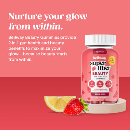 Strawberry lemon flavored vegan prebiotic fiber gummies for hair skin and nails.