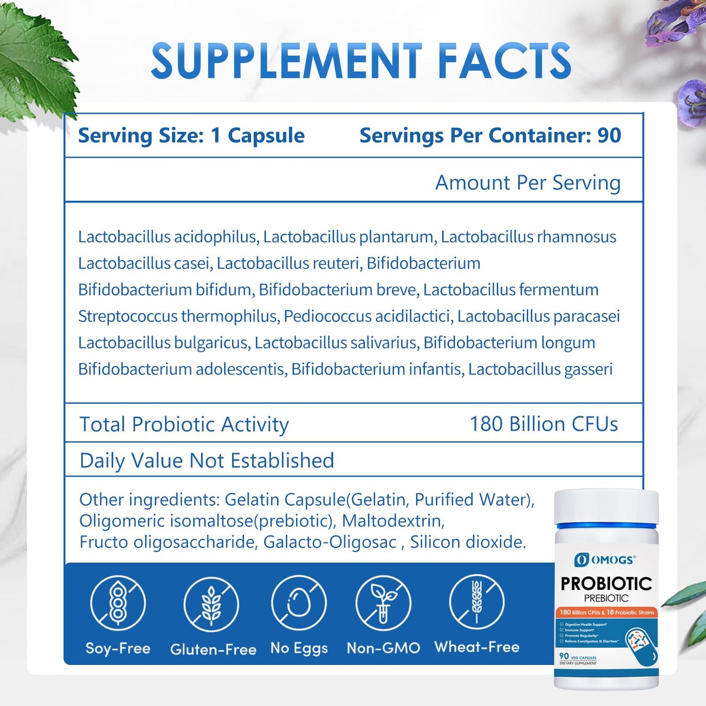 OMOGS 18 strains vegan supplement capsules showing ingredient transparency information label