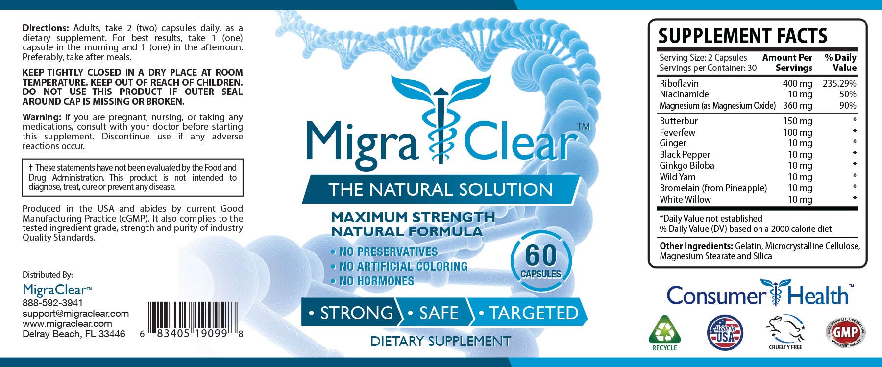 MigraClear natural migraine relief supplement label details