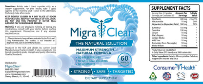 MigraClear natural migraine relief supplement label details