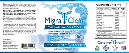 MigraClear natural migraine relief supplement label details
