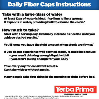 Yerba Prima daily fiber capsules supplement facts label showing five fiber blend ingredients