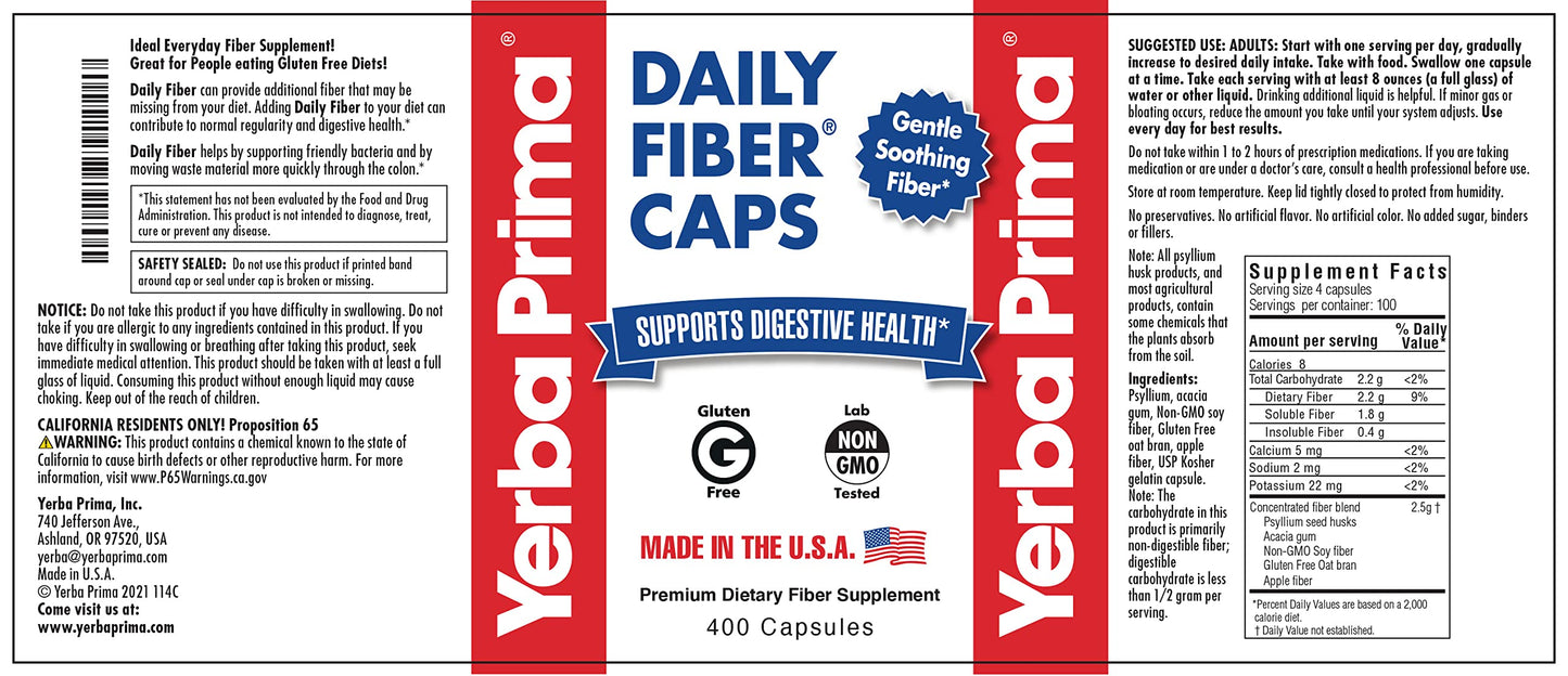 Gluten free non GMO Yerba Prima daily fiber capsules for everyday regularity