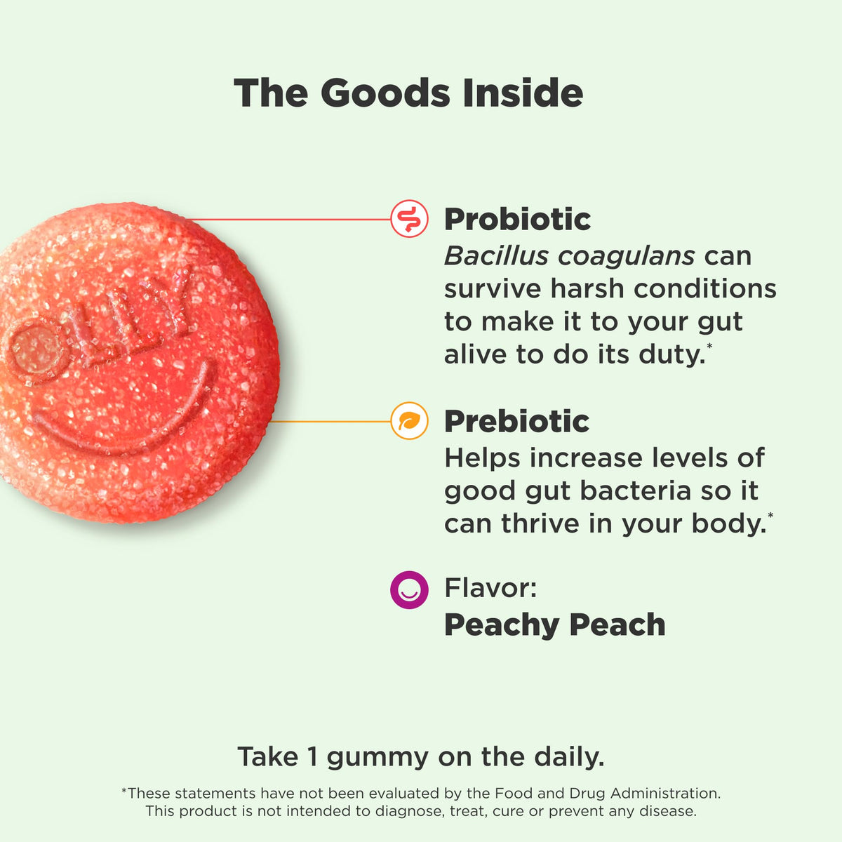 Olly Prebiotic and Probiotic peach gummies nutritional supplement facts label
