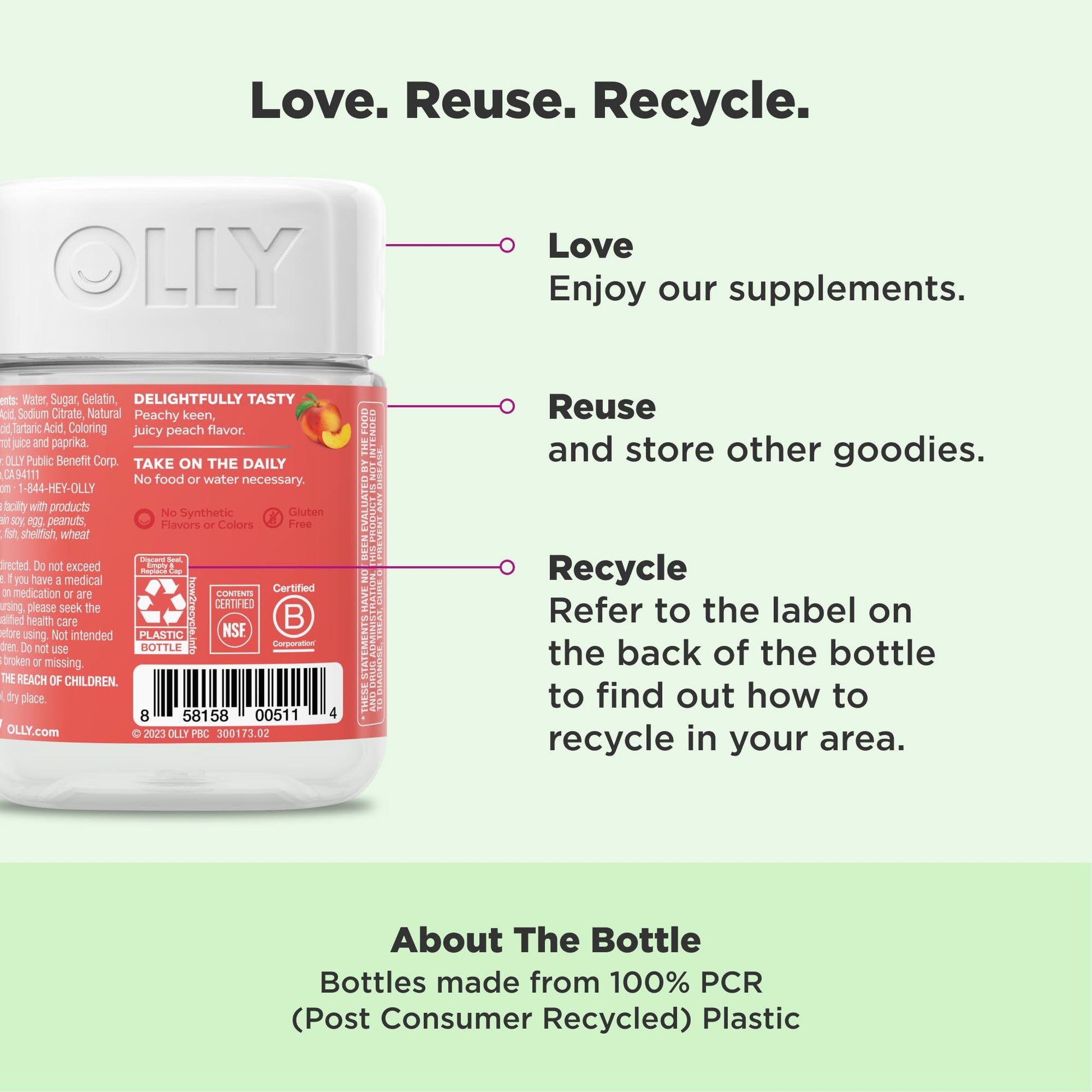 Gluten free OLLY gut health gummies bottle displaying peach flavor variant and thirty day supply details