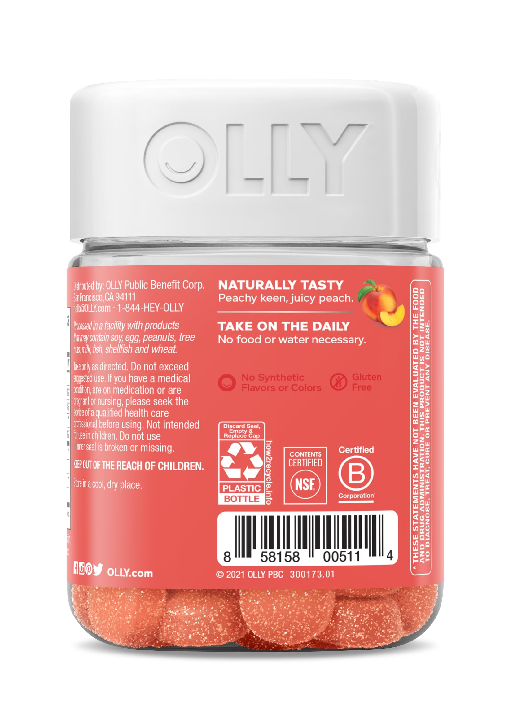 Side angle of OLLY balanced belly chewables demonstrating secure child resistant bottle cap mechanism
