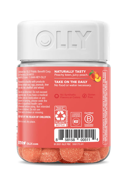 Side angle of OLLY balanced belly chewables demonstrating secure child resistant bottle cap mechanism