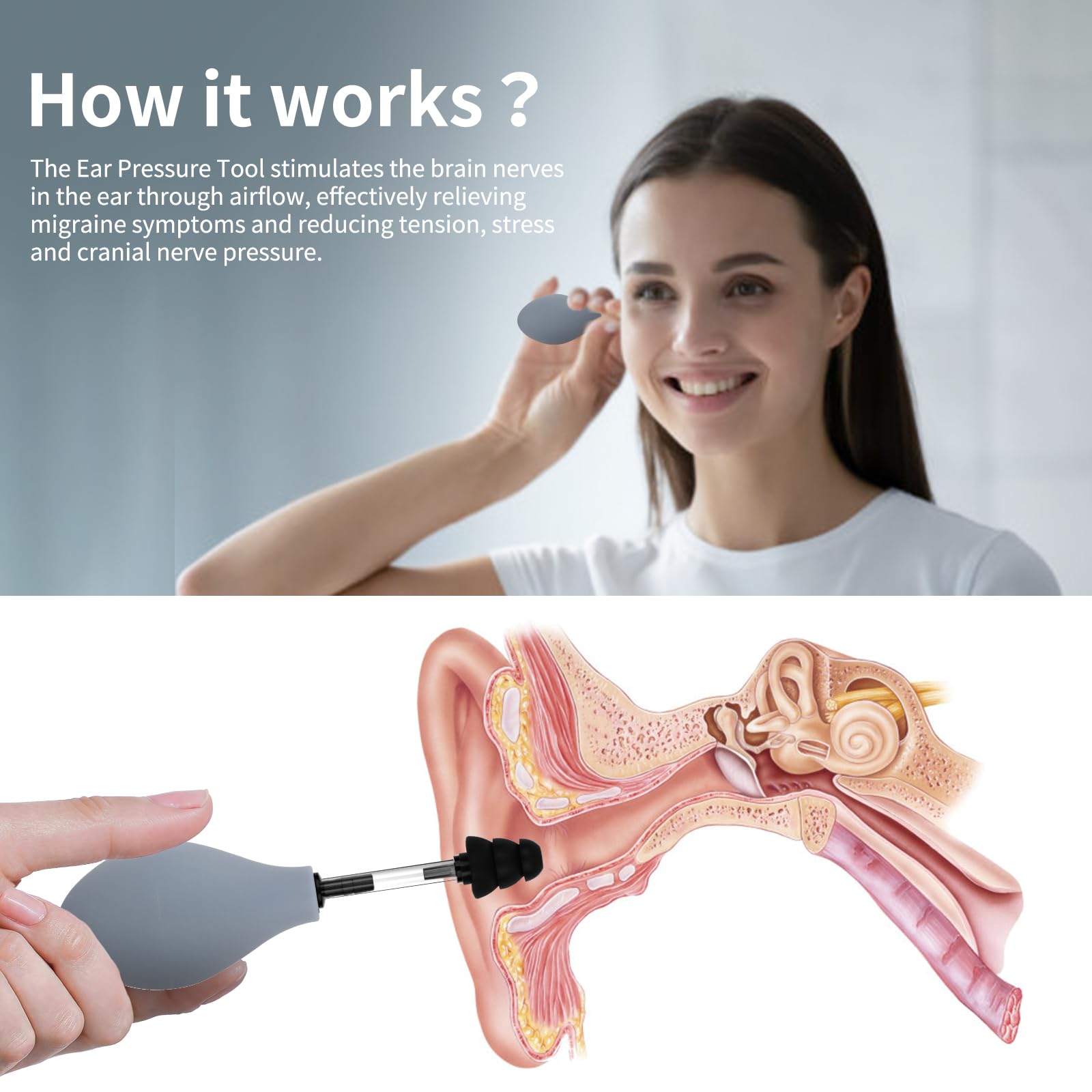 Side profile of Oocome ear pressure tool showing flexible silicone material.