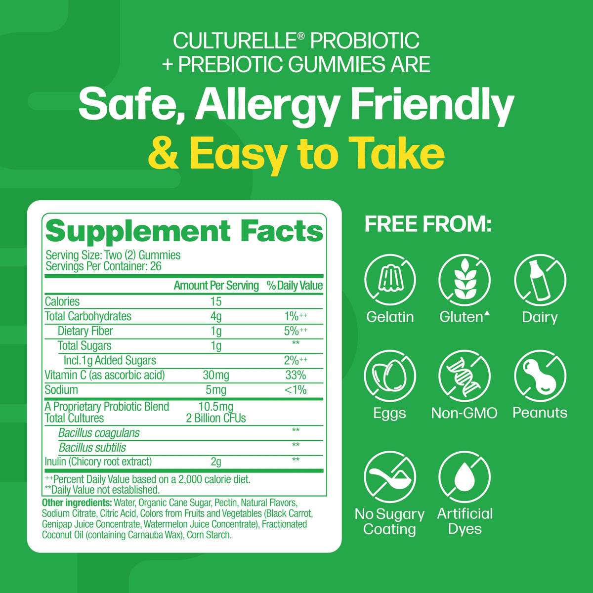 Culturelle probiotic gummies 52 count packaging side nutritional information label