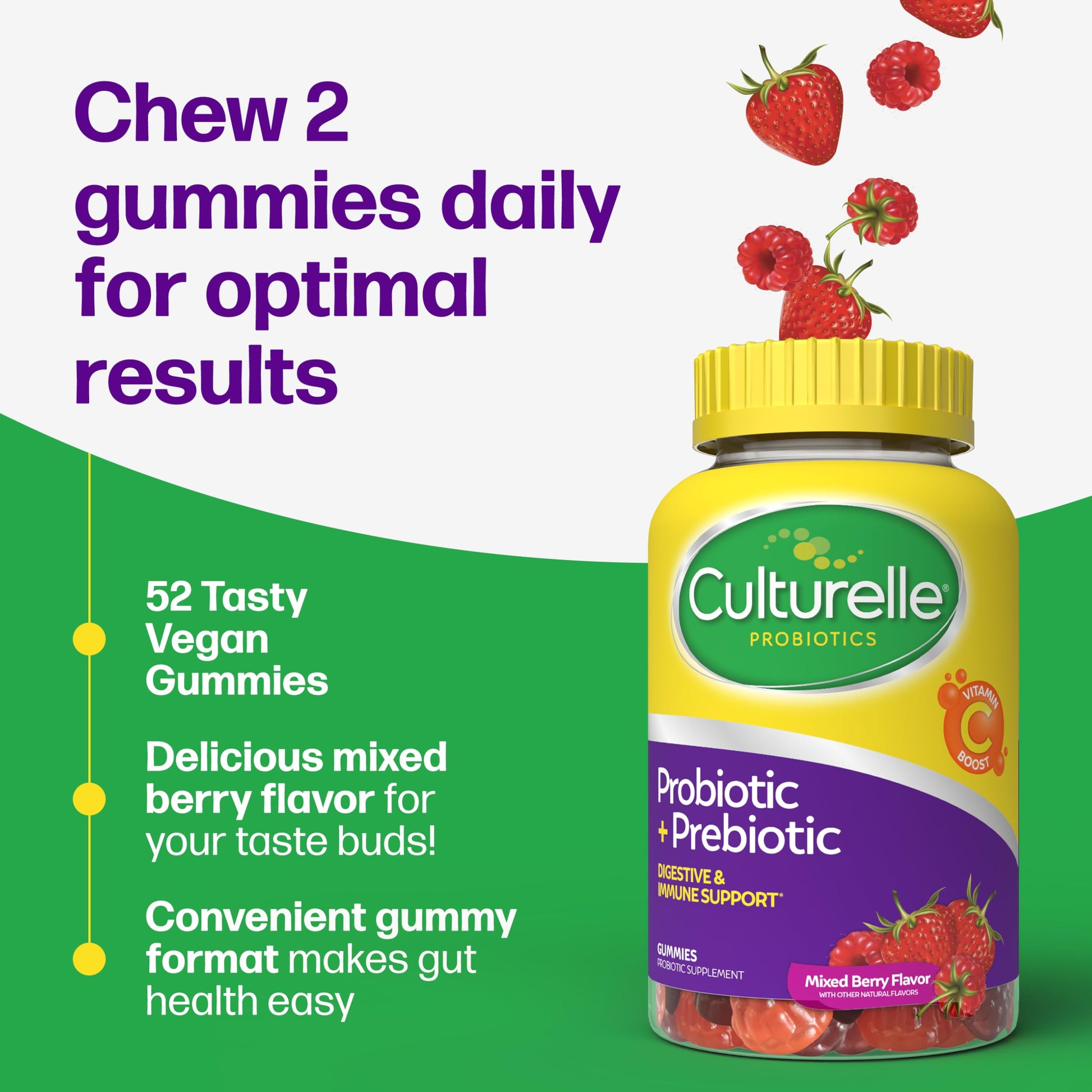 Culturelle premium daily digestive health supplement bottle placed on a clean surface showing product details.