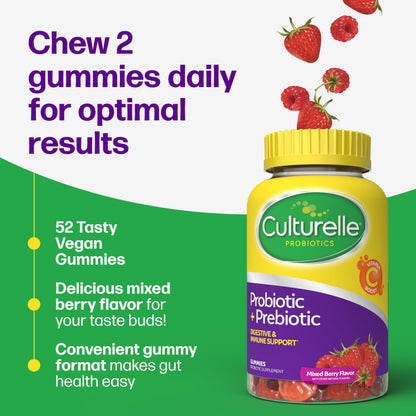 Culturelle premium daily digestive health supplement bottle placed on a clean surface showing product details.