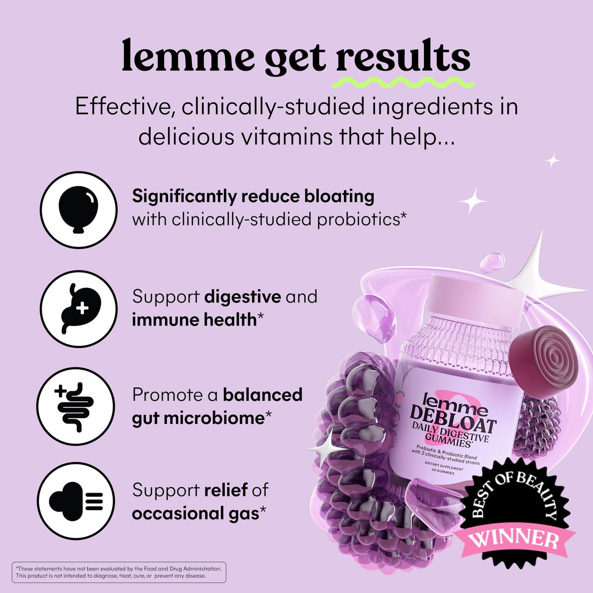 Lemme Debloat supplement bottle showing 60 count and blackberry flavor details