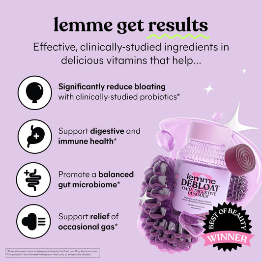 Authentic Lemme Debloat gut health gummies for bloating relief nutritional facts label