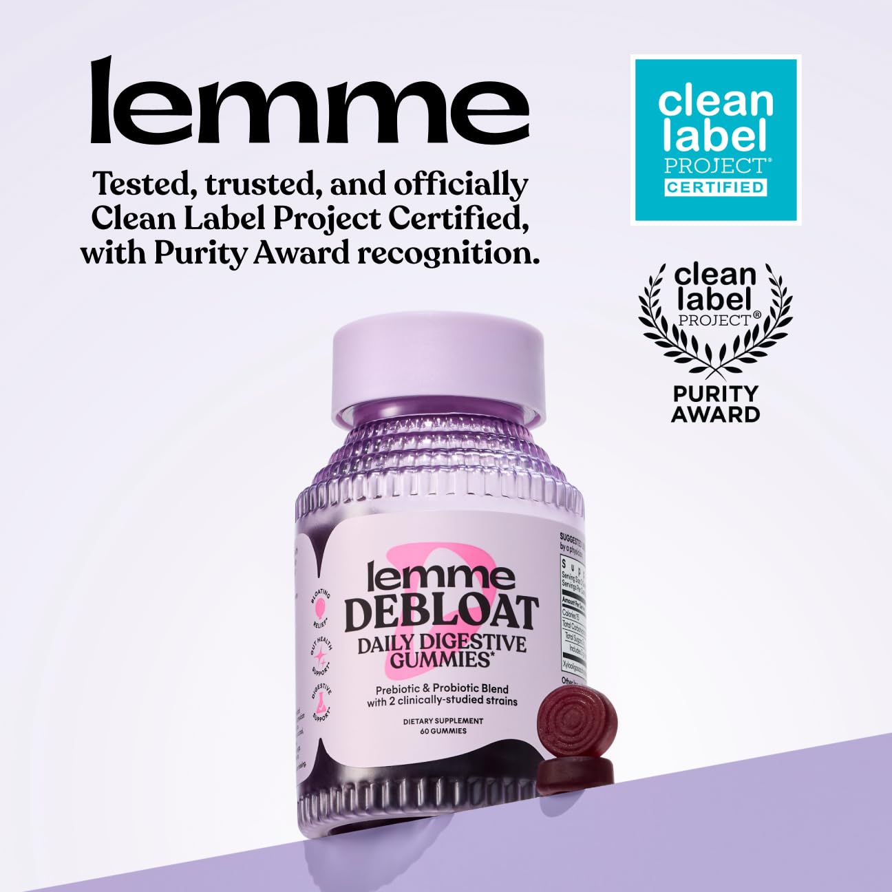 Lemme Debloat 60 count chewable digestive enzyme alternative gummies packaging overview