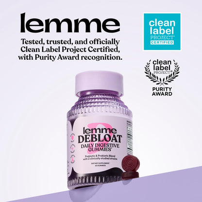 Lemme Debloat 60 count chewable digestive enzyme alternative gummies packaging overview