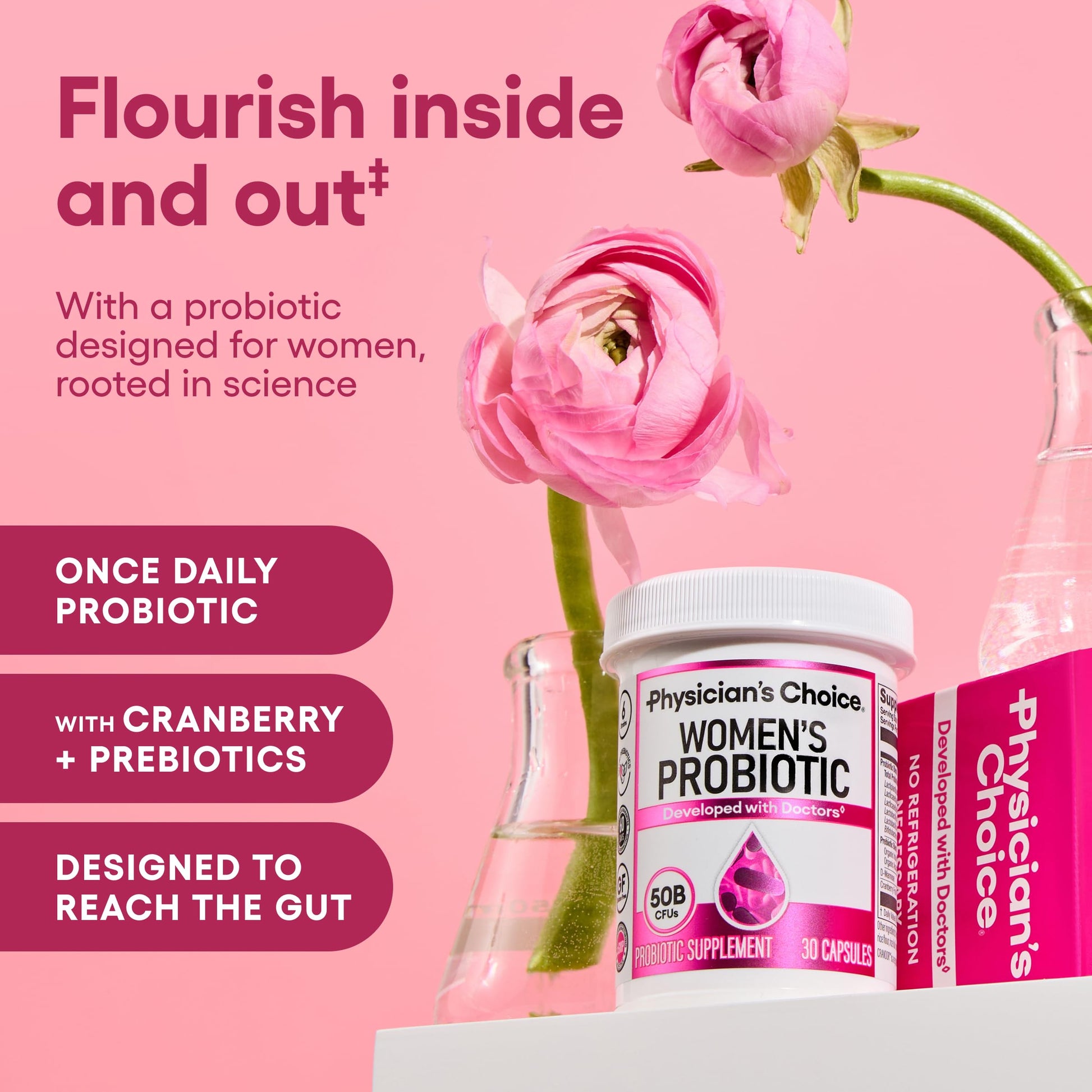 Physician's Choice feminine health probiotic bottle displaying fifty billion colony forming units.