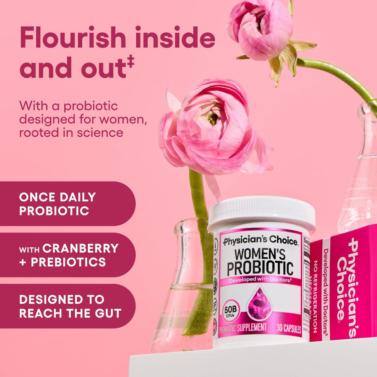 Side angle view of Physicians Choice probiotic bottle displaying active ingredients and strain count