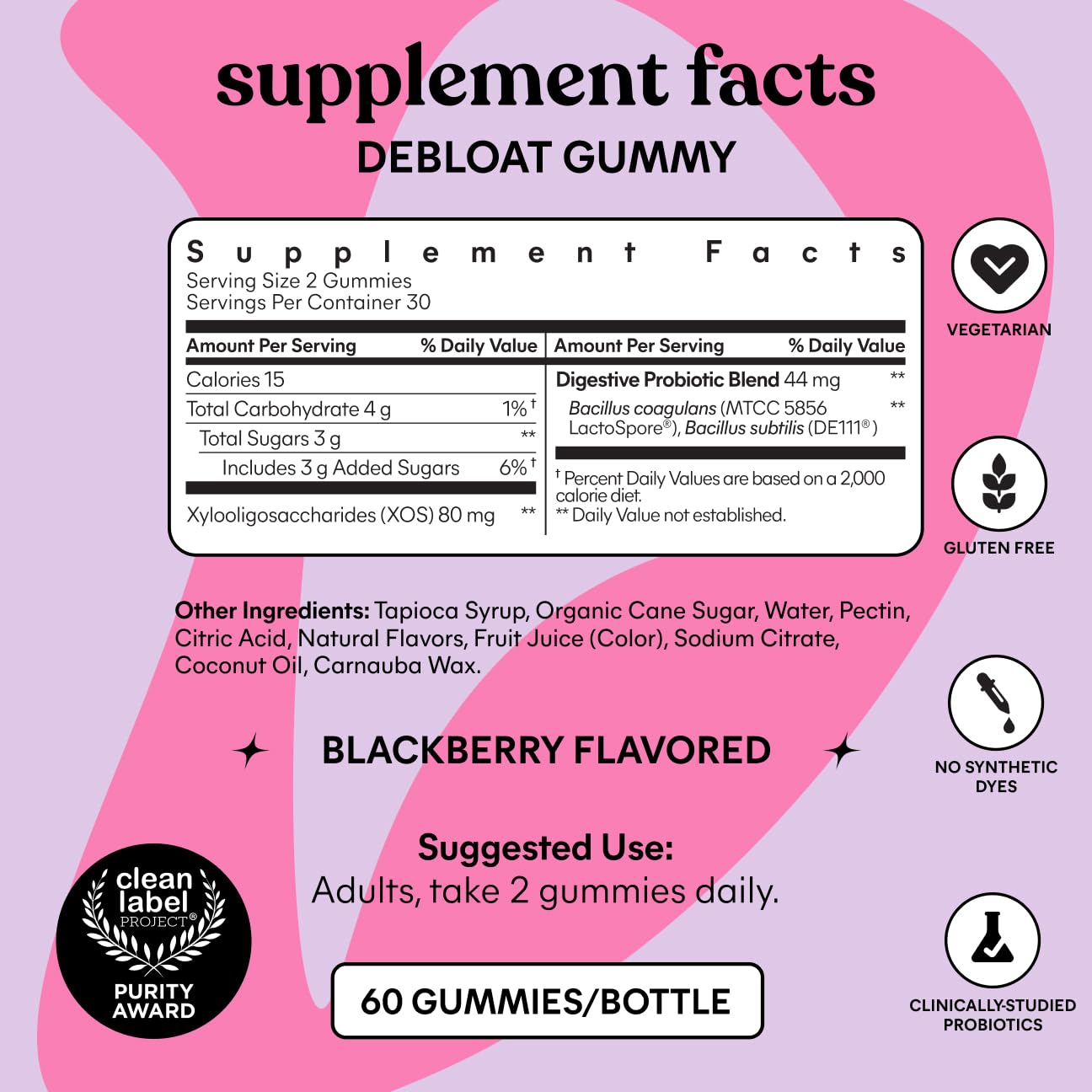 Two blackberry flavor bloating relief gummies showcased next to the bottle