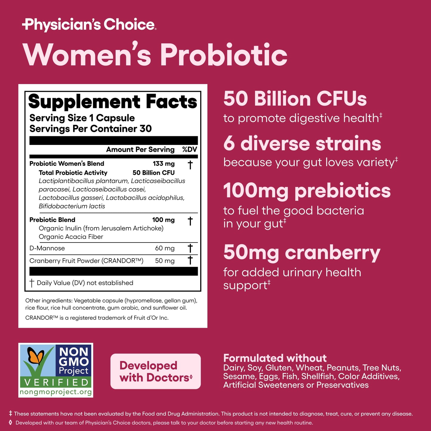 Shelf stable packaging of Physician's Choice women's probiotic showing six diverse strains.