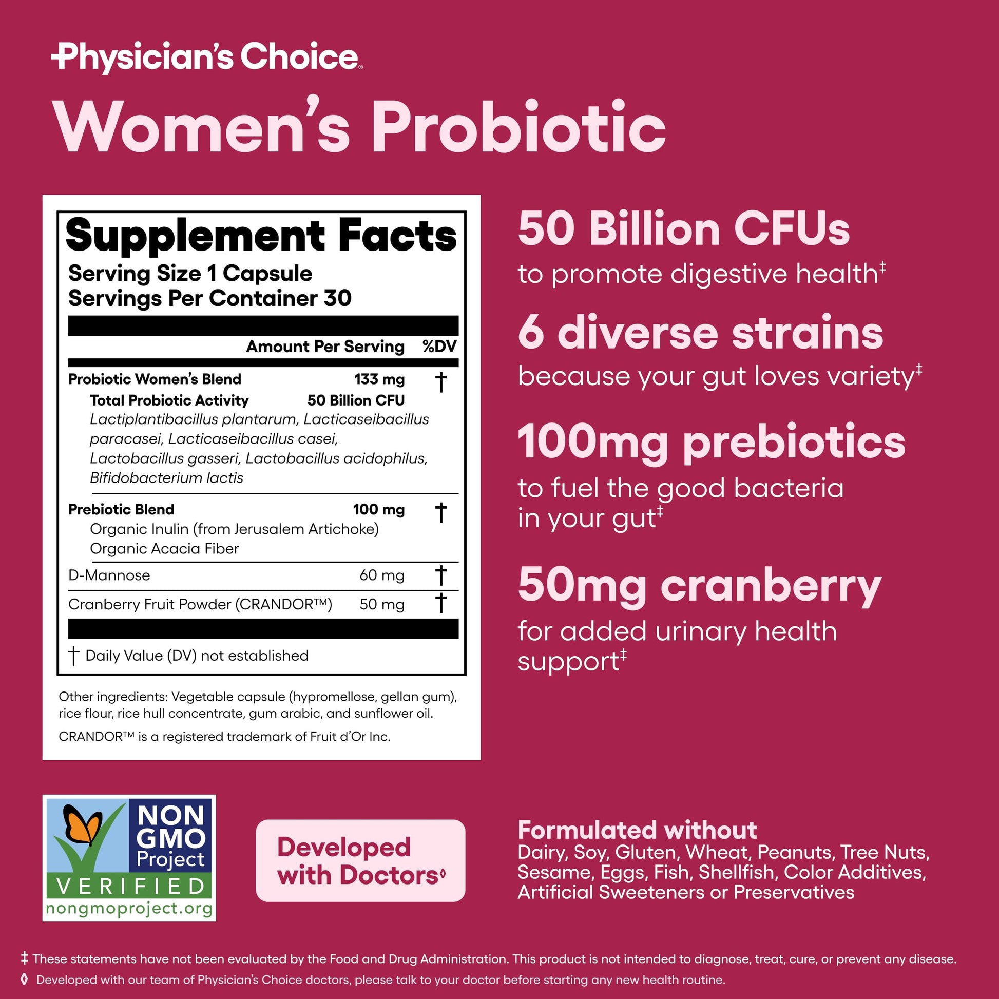 Shelf stable packaging of Physician's Choice women's probiotic showing six diverse strains.