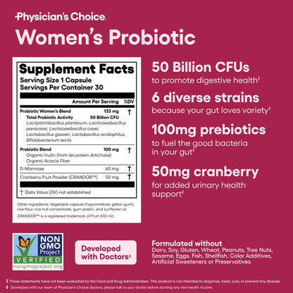 Shelf stable packaging of Physician's Choice women's probiotic showing six diverse strains.