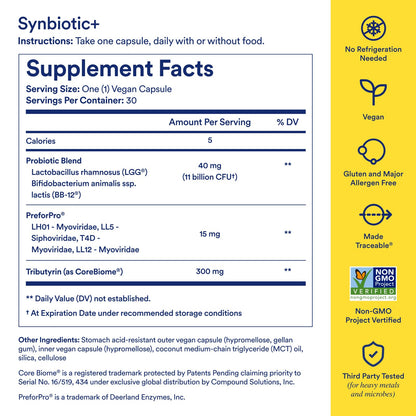 Ritual Synbiotic+ vegan capsules displayed on a clean background highlighting the clear non-GMO formula.