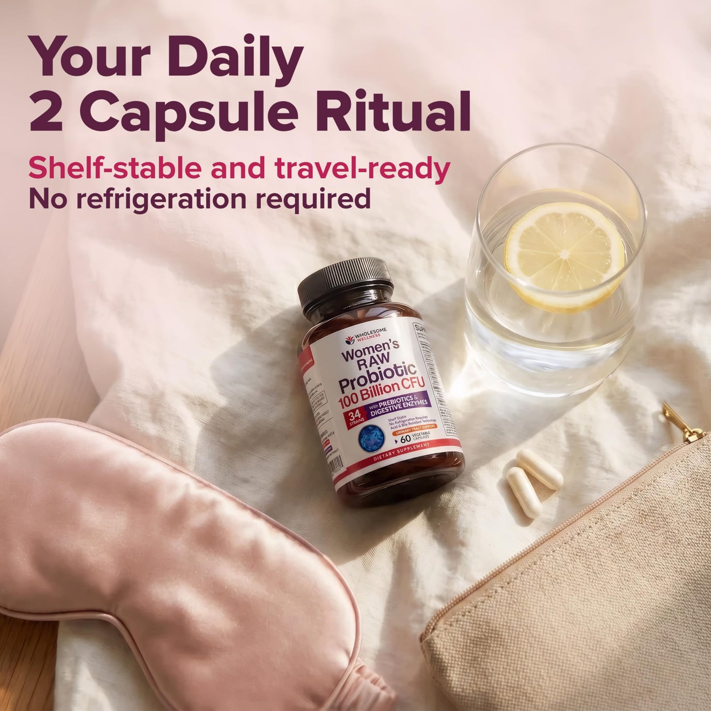 Organic prebiotics and raw probiotic strains capsule bottle for daily women wellness