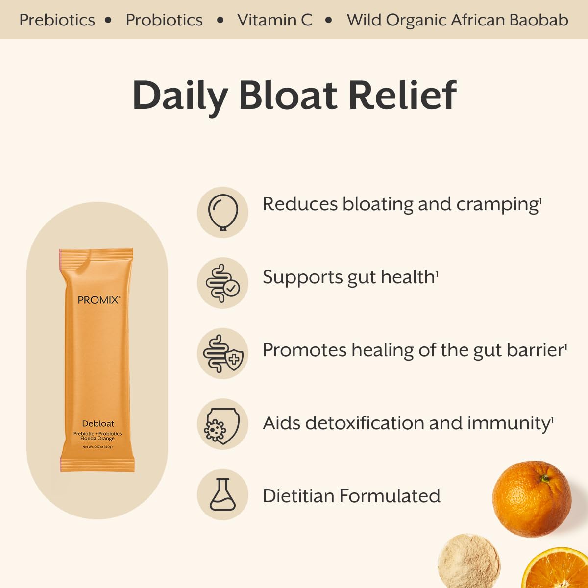 ProMix Nutrition Debloat prebiotic powder supplement containing wild African baobab fiber for gut health.