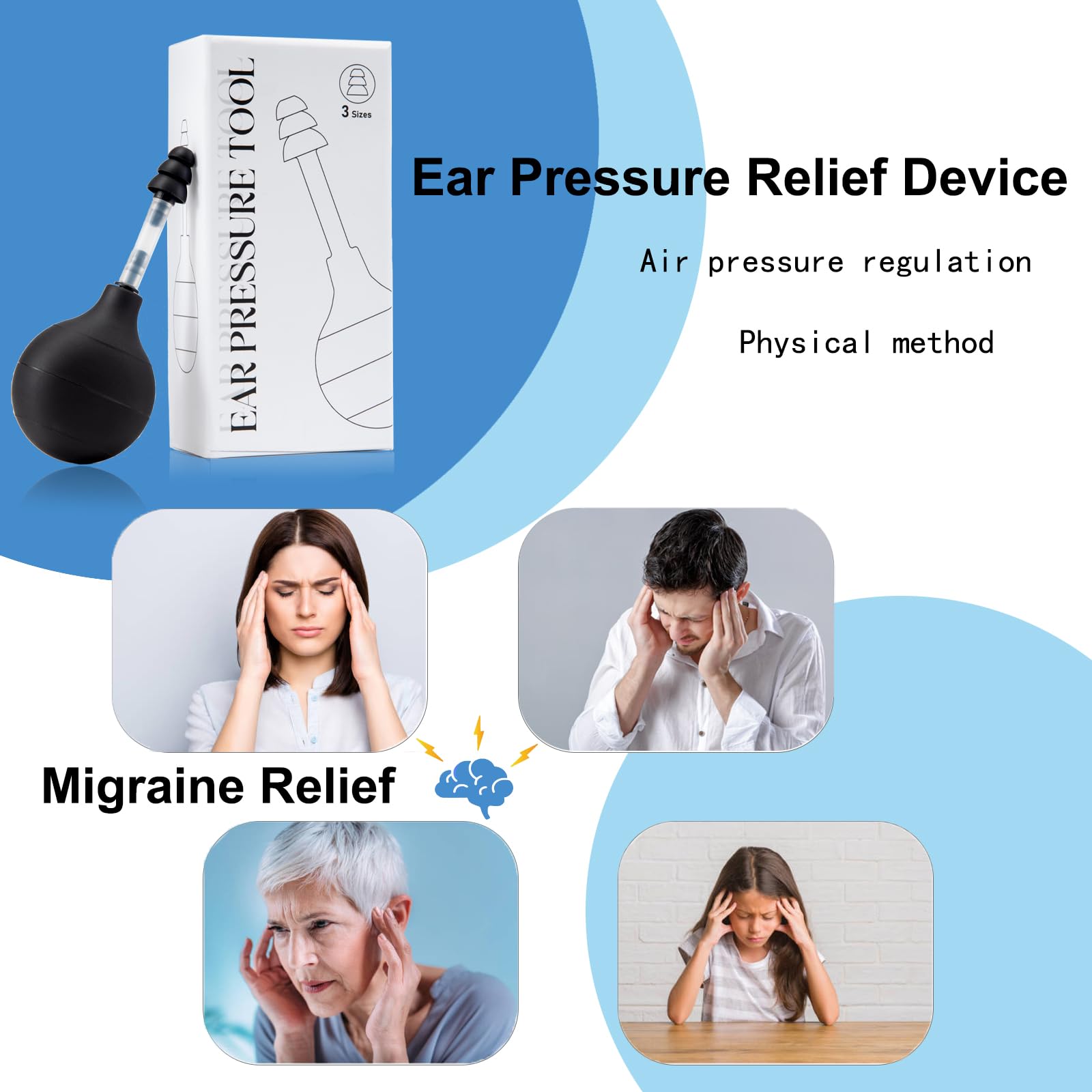 Beceto inner ear pressure balance tool with three sizes of interchangeable silicone earplugs.