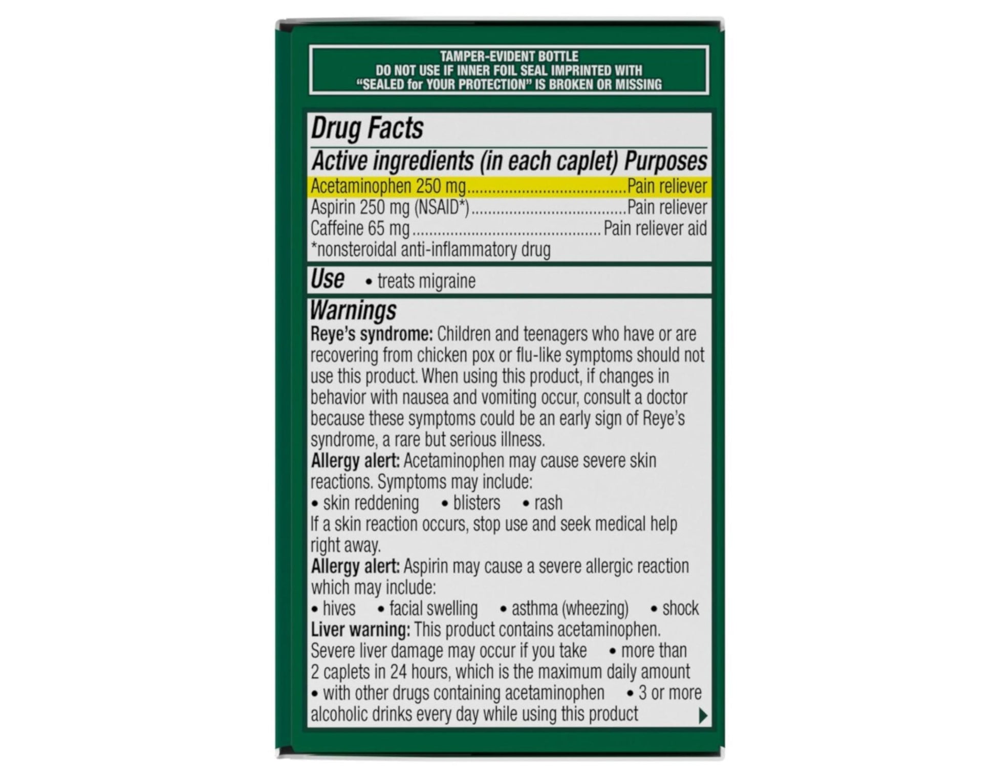 Side view of Excedrin Migraine bottle showing active ingredients