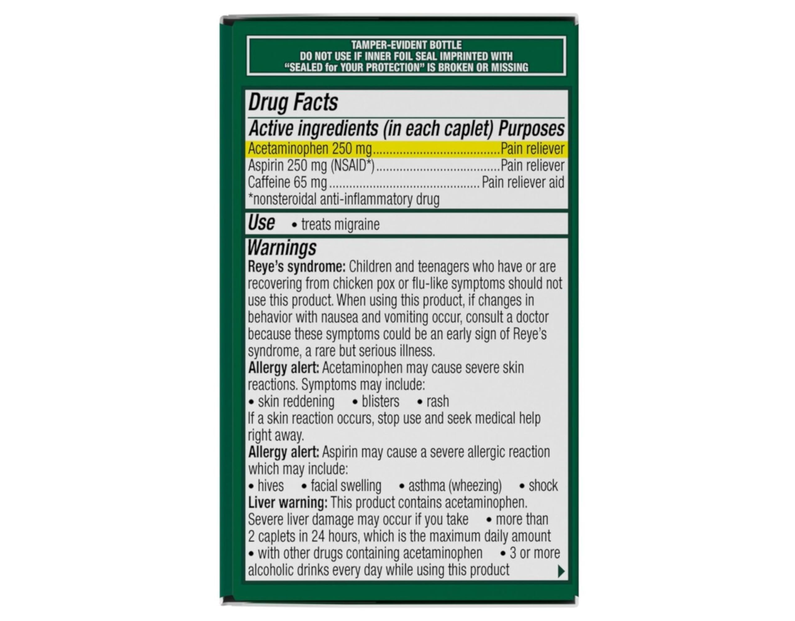 Side view of Excedrin Migraine bottle showing active ingredients
